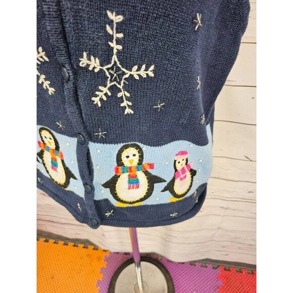 Vintage Womens Winter Sweater Vest Blue Knitted with Penguins and Snowflakes Siz - Picture 8 of 13